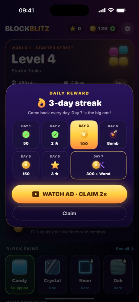 Seven-day daily reward calendar