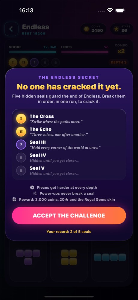 The Endless Secret challenge screen listing the five seals